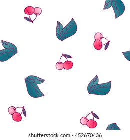 modern abstract white background with pink cherries and leaves