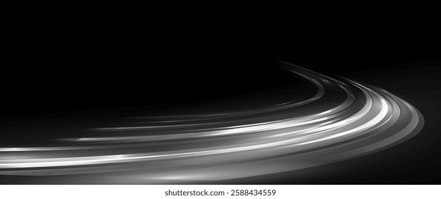 Modern abstract white high speed movement. Dynamic motion light trails on dark background. Futuristic digital technology movement concept. Vector EPS10