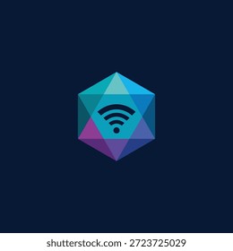 Modern abstract Wi-Fi symbol embedded in a vibrant geometric hexagon, representing seamless digital connectivity, advanced wireless technology, and global internet network access