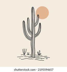 Modern abstract wild cactus silhouette, contemporary meditative harmony landscape minimalist vintage desert Arizona concept. Vector and jpg printable image, unique boho clipart illustration