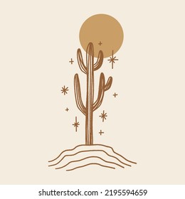 Modern abstract wild cactus silhouette, contemporary meditative harmony landscape minimalist vintage desert Arizona concept. Vector and jpg printable image, unique boho clipart illustration