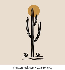 Modern abstract wild cactus silhouette, contemporary meditative harmony landscape minimalist vintage desert Arizona concept. Vector and jpg printable image, unique boho clipart illustration