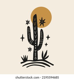 Modern abstract wild cactus silhouette, contemporary meditative harmony landscape minimalist vintage desert Arizona concept. Vector and jpg printable image, unique boho clipart illustration