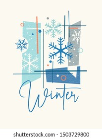 Modern abstract Winter design for cards, calendars, t-shirt graphics. Retro design of snowflakes and abstract shapes.