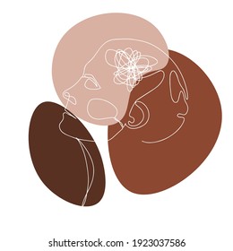 Modern abstract woman faces. Continuous line. Vector design for poster, cards, banding, bags and t-shirt.