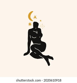 Modern abstract woman silhouette art, moon meditation consept.