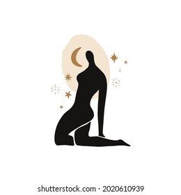 Modern abstract woman silhouette art, moon meditation consept.