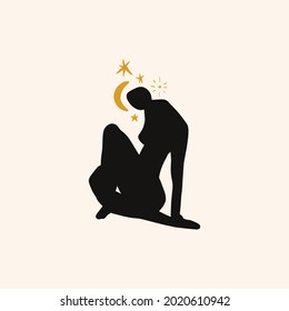 Modern abstract woman silhouette art, moon meditation consept.