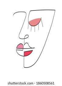 Modern abstract woman's face minimalistic linear sketch. One Continuous line style, hand drawn illustration. 
