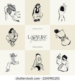 Mujeres abstractas modernas. El concepto de minimalismo. Cuerpo femenino, moda. Estilo matisse. ... Silueta contemporánea de mujer. Afiches vectoriales de moda dibujados a mano, ilustraciones para imprimir.