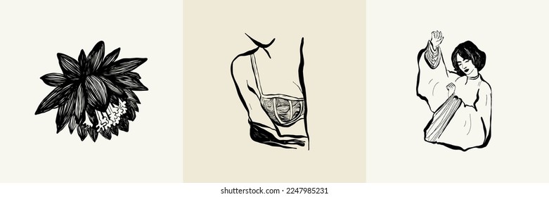 Mujeres abstractas modernas. El concepto de minimalismo. Cuerpo femenino, moda. Estilo matisse. ... Silueta contemporánea de mujer. Afiches vectoriales de moda dibujados a mano, ilustraciones para imprimir.