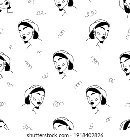 Modern abstract womens faces seamless pattern. Hand drawn outline trendy illustration. Black colors