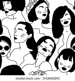 Las mujeres abstractas modernas se enfrentan a un patrón ininterrumpido. Ilustración a la moda con esquema de mano. Colores negros
