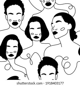 Modern abstract womens faces seamless pattern. Hand drawn outline trendy illustration. Black colors