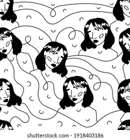 Modern abstract womens faces seamless pattern. Hand drawn outline trendy illustration. Black colors