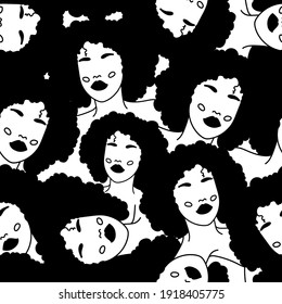 Modern abstract womens faces seamless pattern. Hand drawn outline trendy illustration. Black colors