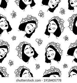 Modern abstract womens faces seamless pattern. Hand drawn outline trendy illustration. Black colors