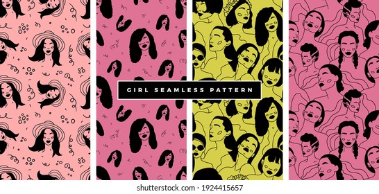 Modern abstract womens faces seamless pattern. Hand drawn outline trendy illustration. Black colors