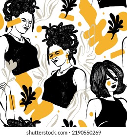 Modern abstract womens seamless pattern. Hand drawn outline trendy illustration. Black colors
