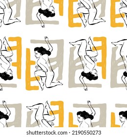 Modern abstract womens seamless pattern. Hand drawn outline trendy illustration. Black colors