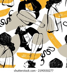 Modern abstract womens seamless pattern. Hand drawn outline trendy illustration. Black colors