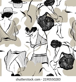 Patrón de mujeres abstractas y modernas. Ilustración a la moda con esquema de mano. Colores negros