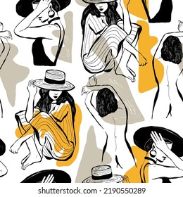 Modern abstract womens seamless pattern. Hand drawn outline trendy illustration. Black colors