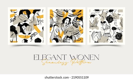 Modern abstract womens seamless pattern. Hand drawn outline trendy illustration. Black colors