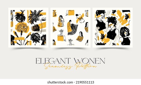 Patrón de mujeres abstractas y modernas. Ilustración a la moda con esquema de mano. Colores negros