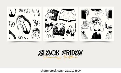 Modern abstract womens seamless pattern. Hand drawn outline trendy illustration. Black colors