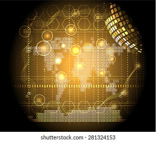 Modern, abstract, yellow, black background, backdrop, poster with huge, glossy Earth with pattern and world map, lights 