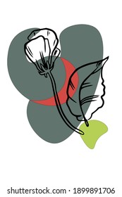 Modern abstraction with color spots and line drawn flower for wall decoration, postcards or brochures. Vector illustration design