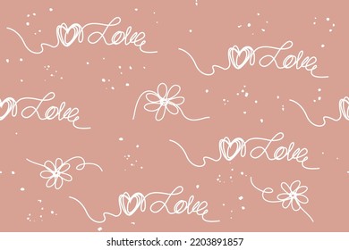 Modern abstraction seamless pattern of heart love sign illustration vector drawing by one continuous line. Valentine's Day hand drawn Minimal design in pastel colors