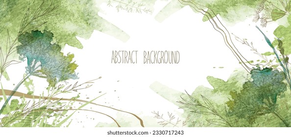 Modern abstractionism horizontal botanical green background vector. Luxurious wallpaper with watercolor pink and earth tones, leaves, flowers, herbs and gold. Minimal design for text, packaging, print