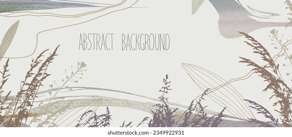 Modern abstractionism horizontal botanical pastel background vector. Luxurious wallpaper with watercolor pink and earth tones, leaves, flowers, herbs and gold. Minimal design for text, packaging, prin