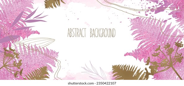 Modern abstractionism horizontal botanical pink background vector. Luxurious wallpaper with watercolor pink and earth tones, leaves, flowers, herbs and gold. Minimal design for text, packaging, prints