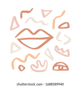 Modern abstractions cover template with lips and geometric shapes. Mid century style. Collage with organic shapes. Earthy colors. Brochures, posters backgrounds, branding design. Vector illustration