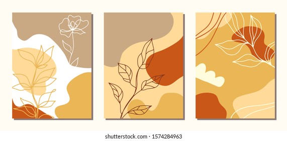 Modern Abstractions covers templates set. Collage with organic shapes and one line floral drawings. Brochures, posters backgrounds, branding design, warm earthy colors, digital painting. Vector design