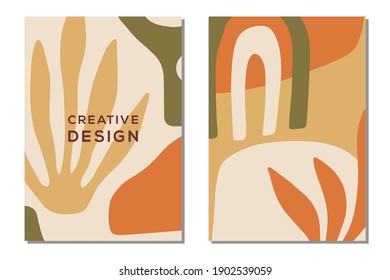 Modern Abstractions covers templates set. Collage with organic shapes and one line floral drawings. Brochures, posters backgrounds, branding design, warm earthy colors, digital painting. Vector design
