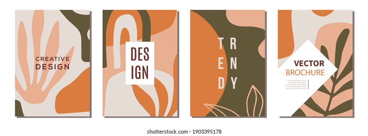 Modern Abstractions covers templates set. Collage with organic shapes and one line floral drawings. Brochures, posters backgrounds, branding design, warm earthy colors, digital painting. Vector design