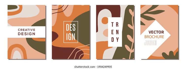 Modern Abstractions covers templates set. Collage with organic shapes and one line floral drawings. Brochures, posters backgrounds, branding design, warm earthy colors, digital painting. Vector design