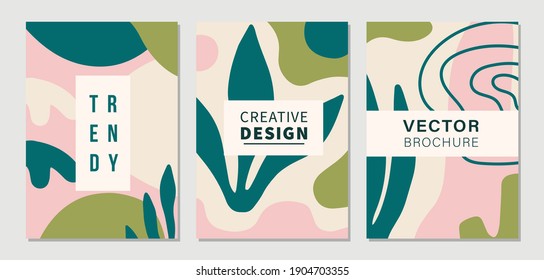 Modern Abstractions covers templates set. Natural collage with organic shapes and one line floral drawings. Brochures, posters backgrounds, branding design, digital painting. Vector design
