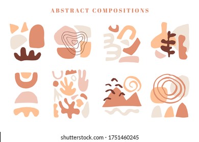 Modern abstractions set, isolated. Poster background composition. Collage with organic shapes. Earthy colors. Brochures, cards, wall art, banners, presentations, branding design. Vector illustration