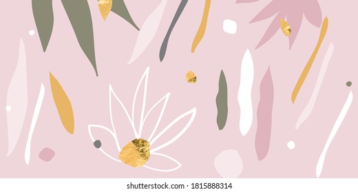 modern abstracts background with floral and botanical shapes and gold leaf foil chic decor. Artistic trendy pattern  header cover graphic design