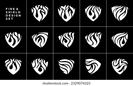 Modern abtract shield fire logo design set. Simple flame gas icon logo bundle.