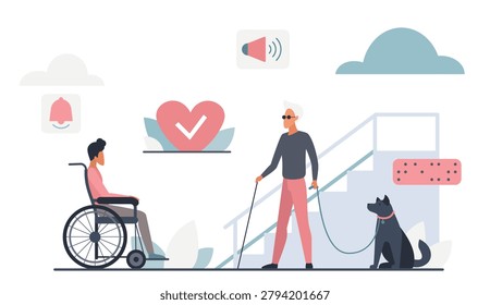 Modern accessibility technology for disabled people using cloud services, featuring wheelchair user, guide dog, and digital support icons isolated on white background vector illustration