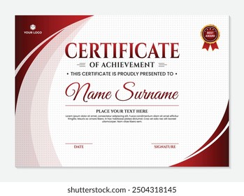 Modern achievement certificate template with elegant simple curved red background, certificate of appreciation design with gold and red color