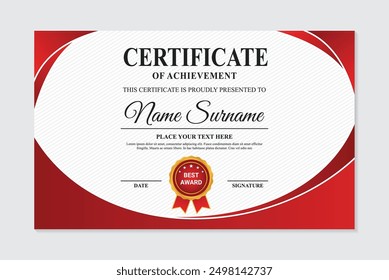 Modern achievement certificate template red curved with white background, modern certificate template design with gold and red pattern.