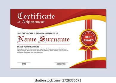Modelo de certificado de realização moderna vermelho e amarelo design de onda, certificado de modelo de apreciação com cor dourada