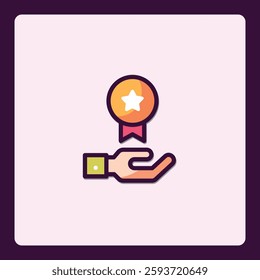 Modern achievement icon featuring a hand holding an award medal with star